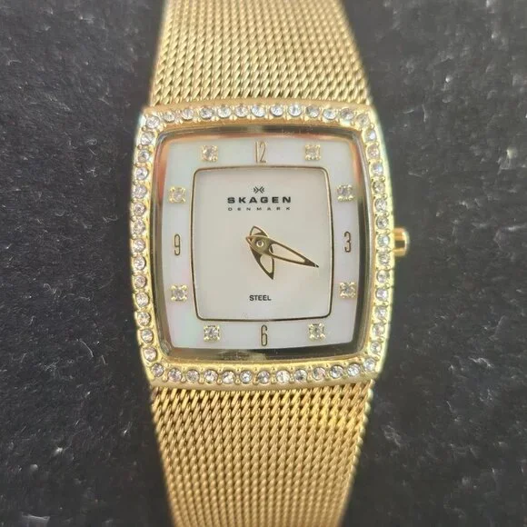 Skagen Denmark Wristwatch STEEL Gold Tone Analog Quartz Crystals Accent Watch Skagen Diamond Quartz Gold Tone Watch - Etsy main image 4
